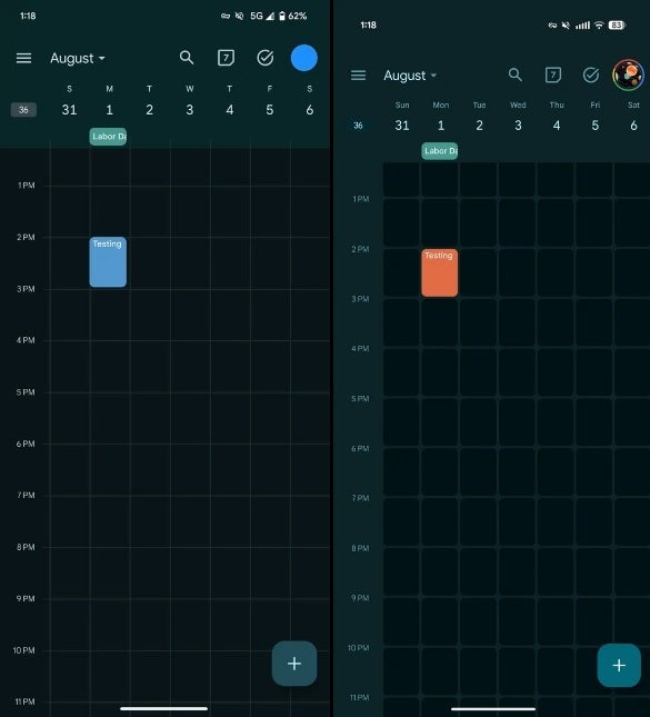 Weekly View on redesigned Google Calendar app.(redesigned version on right).
