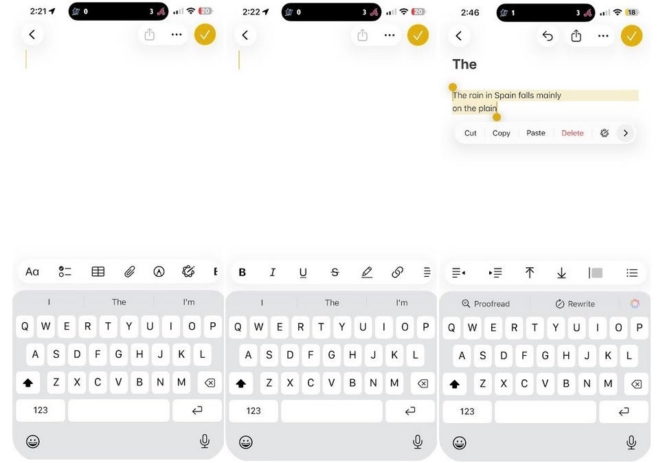 Screenshots show how the adaptive toolbar works in the iOS 26 version of the Notes app.