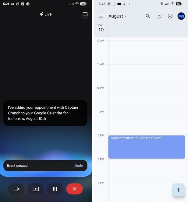 Gemini Live adds an appointment to Google Calendar