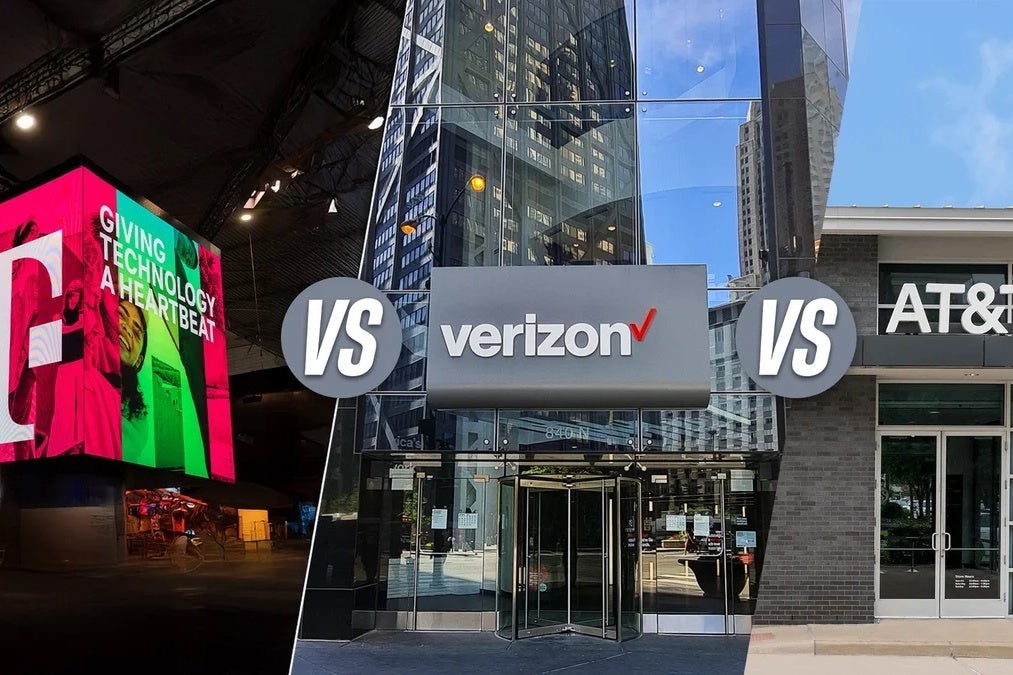 Image depicting three wireless carrier storefronts with a vs between them