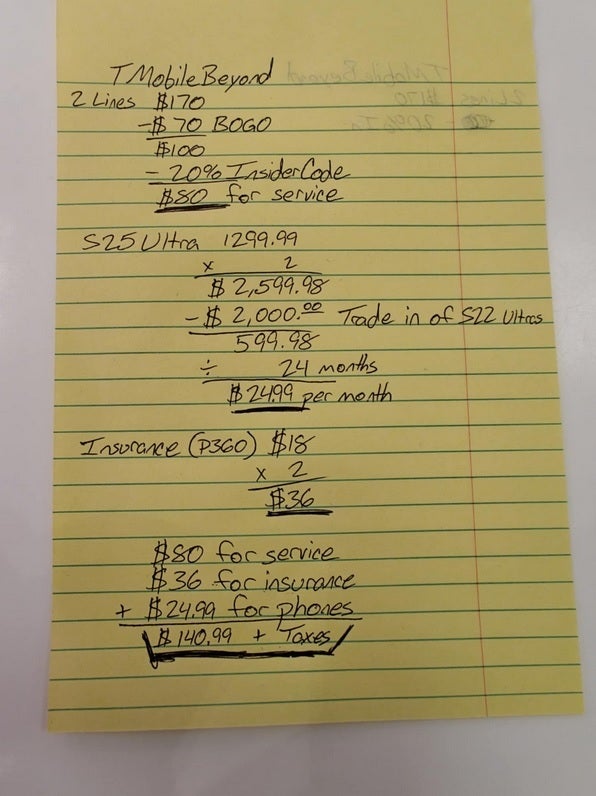 List written by T-Mobile rep detailing the plan he offered.