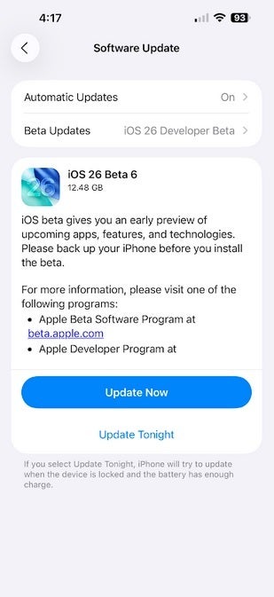 Notification card for iOS 26 Beta 6.