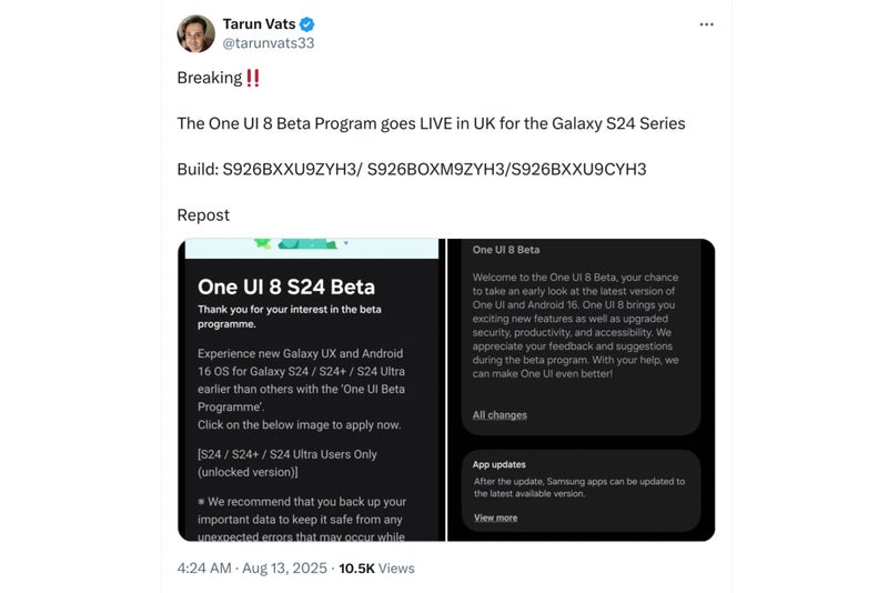 X post from Tarun Vats announcing availability of One UI 8 beta