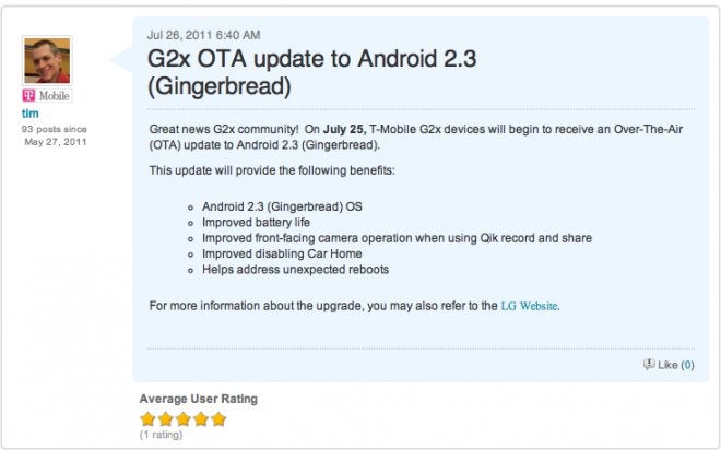 Gingerbread over-the-air update for the T-Mobile G2x is being sent out right now