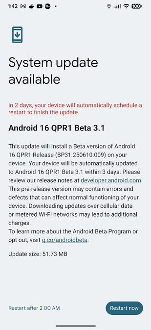 The notification showing the arrival of Android 16 QPR1 Beta 3.1.
