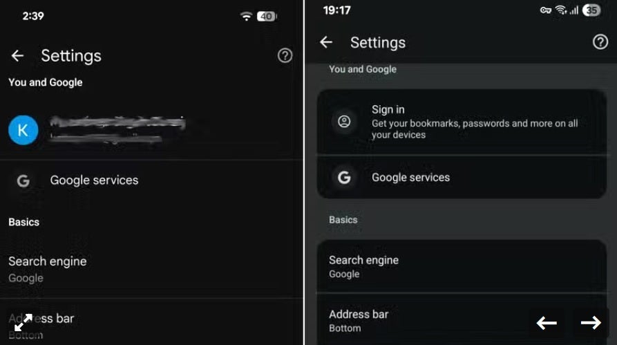 Screenshot of new Chrome setting page changes.