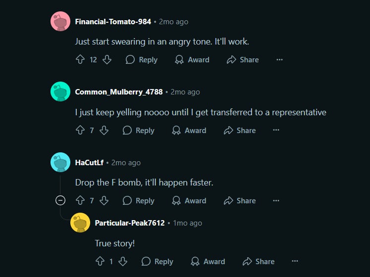 Users share their techniques to connect to a live Verizon customer support agent. | Image credit — Reddit - You have spoken loud and clear: humans trump AI. Will companies listen?