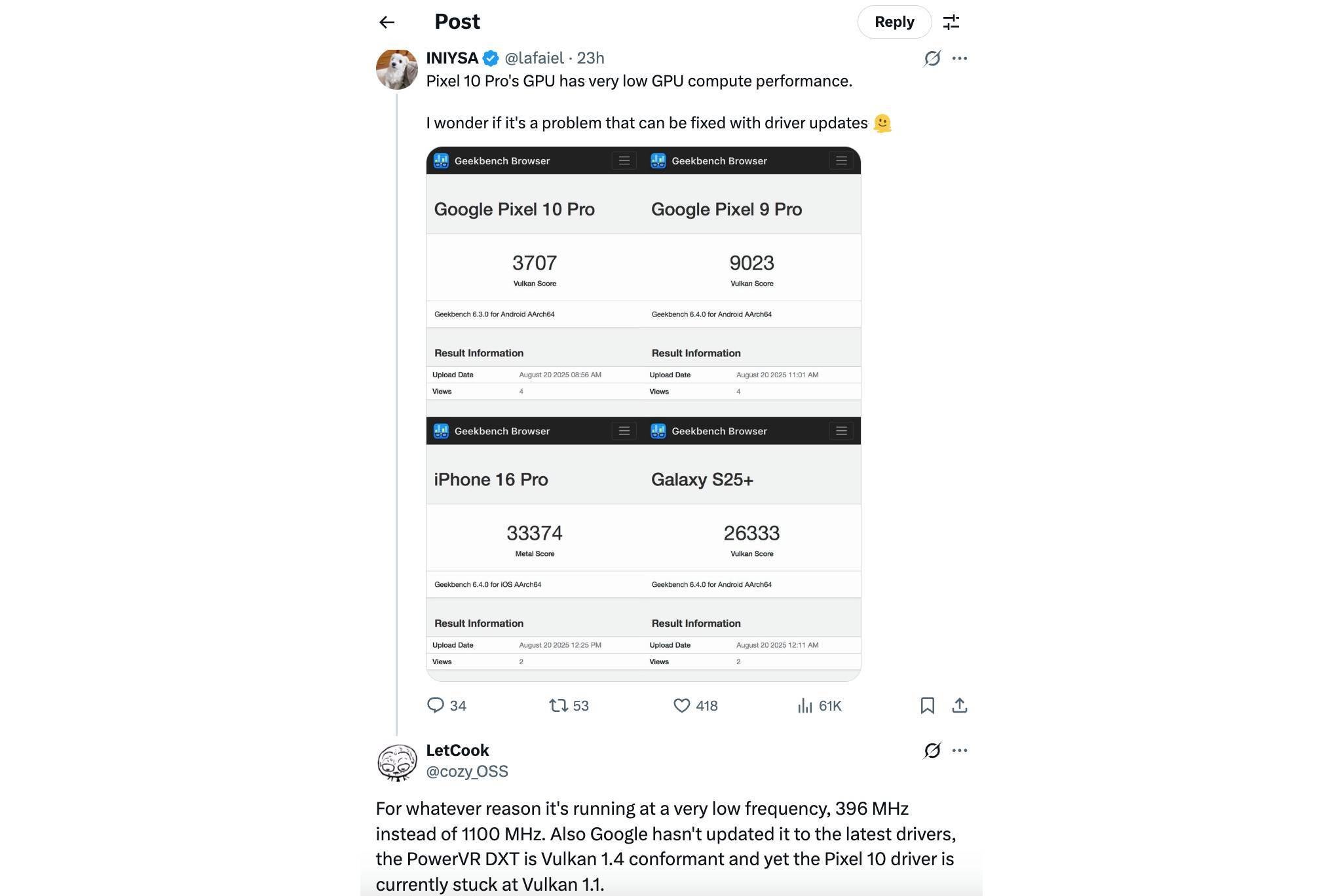 Pixel 10 Pro Tensor G5 GPU benchmark