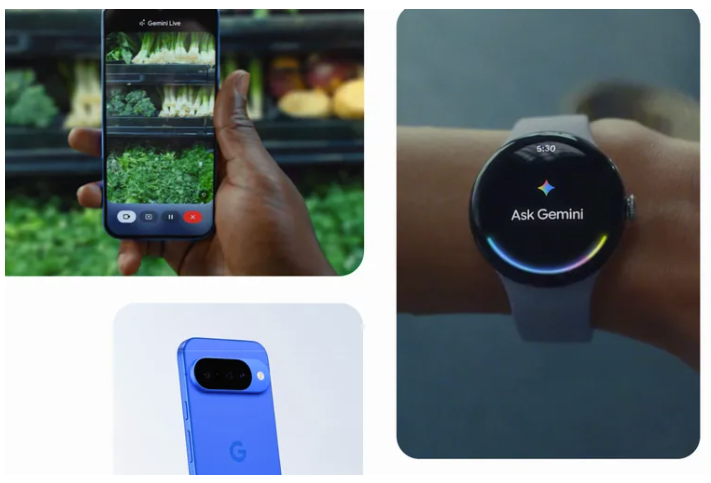 A collage of Pixel devices using Gemini AI model.
