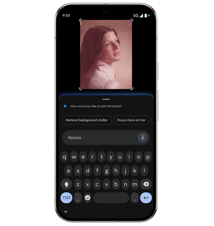 A phone with Google Photos app on it while editing an old photo.