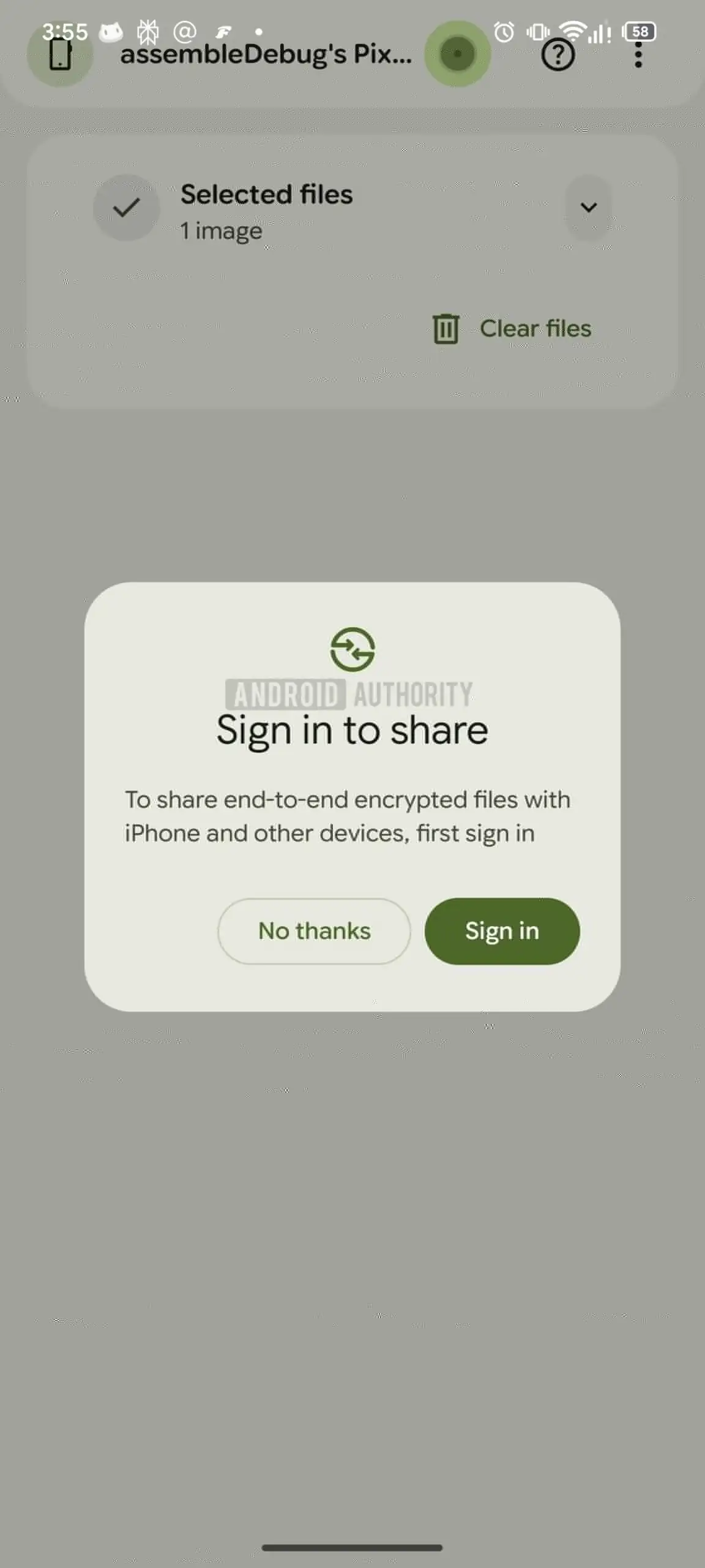 The menu that mentions sharing with an iPhone | Image credit — Android Authority - Google may allow iPhones to do something unheard of with a new Android feature in the works