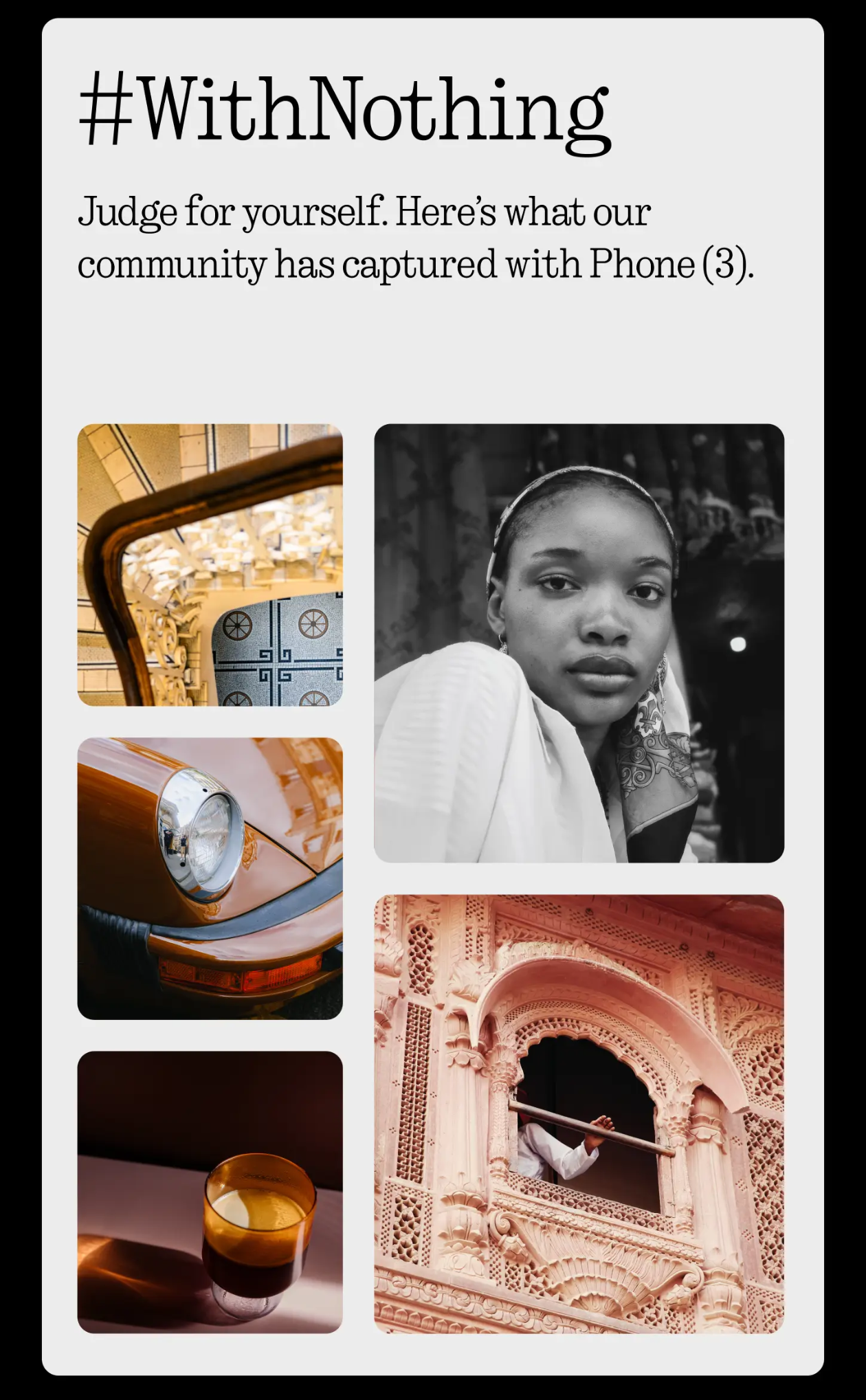 The demo screen on Nothing Phone (3) showing stock photos | Image Source — The Verge - Nothing was busted presenting stock photos as Phone (3) camera samples