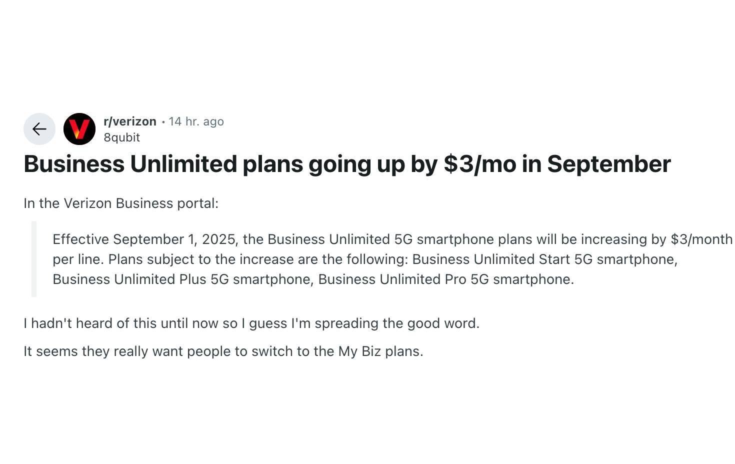 Verizon business plans price increase