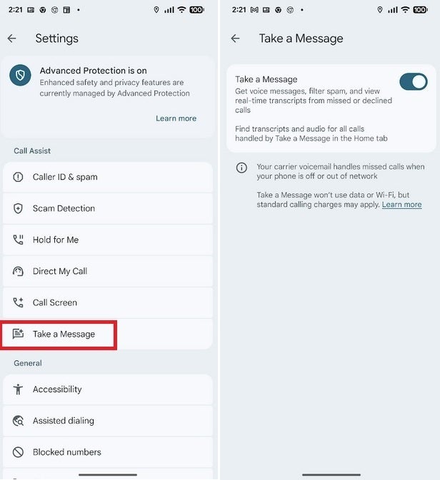 Enabling Take a Message on a Pixel phone. | Image credit-PhoneArena - Pixel 4 through Pixel 10 models get new feature Google took from Apple