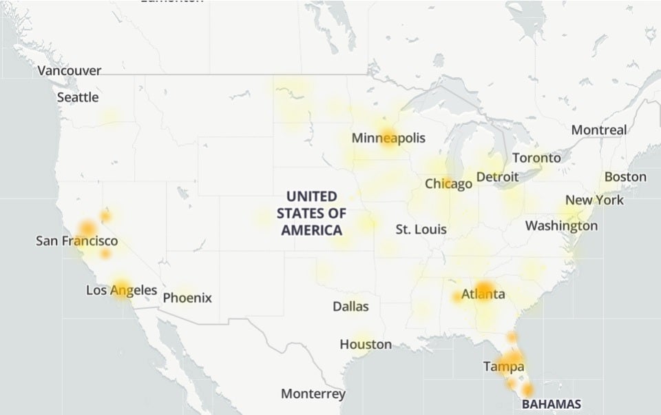 Map shows areas in the U.S. where Verizon's signal went down on Saturday.