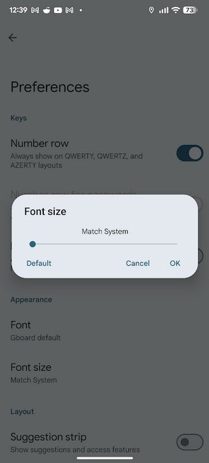 The slider that controls the size of the font on Gboard for Android.