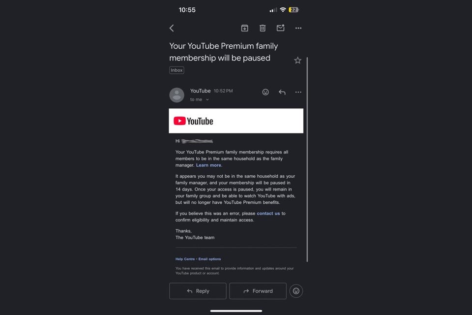 Screenshot of email from YouTube