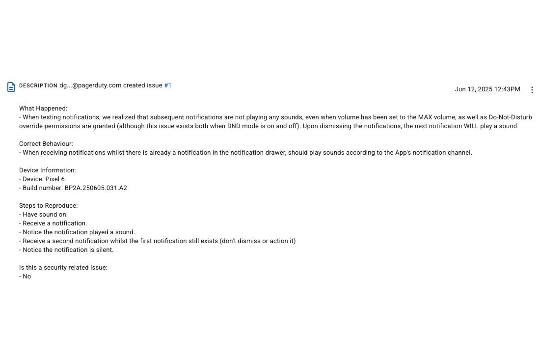Screenshot from Google Issue Tracker report