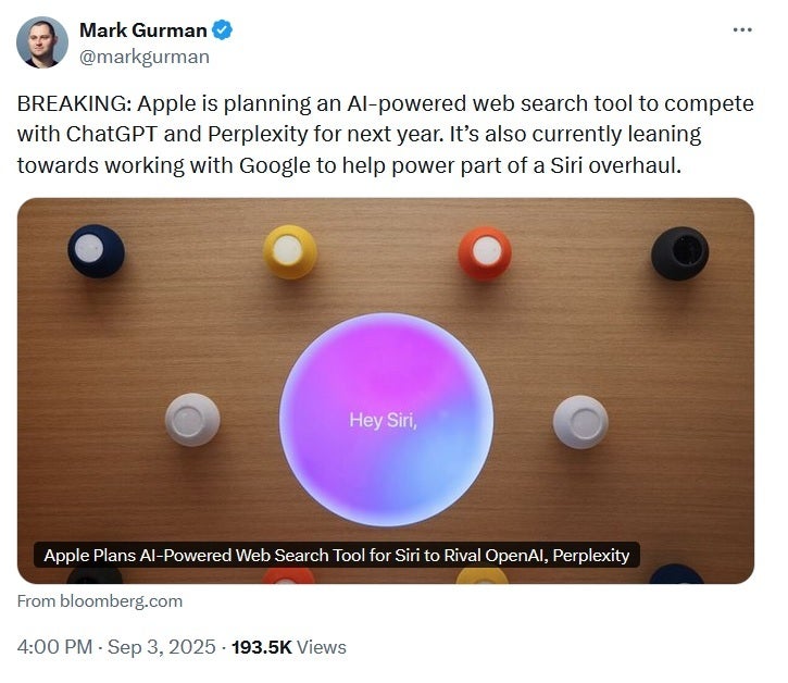 Bloomberg's Mark Gurman says that Apple is planning to launch an AI-based web search tool. | Image credit-X - Apple insider says company will develop its own AI-powered web search tool in 2026