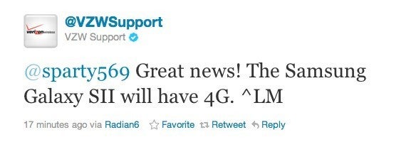 The first response from Verizon that &quot;confirmed&quot; LTE connectivity for the Samsung Function - Verizon mistakenly tweets about 4G support for the Samsung Galaxy S II