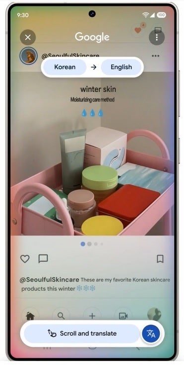 Screenshot of the scroll and translate feature on Circle to Search.