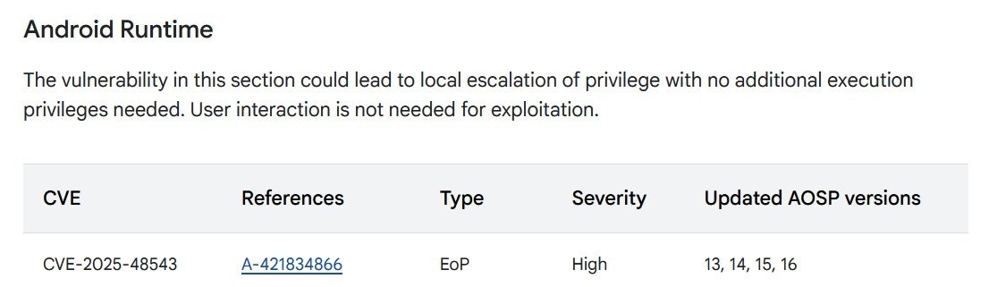 Screenshot of a warning in the Android Security update.