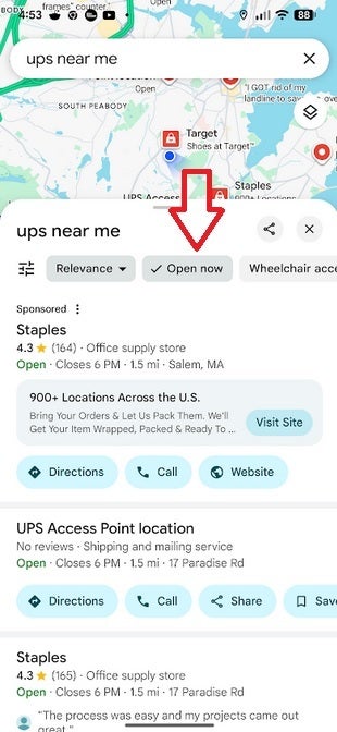 Screenshot of the Google Maps app showing the Open now filter.