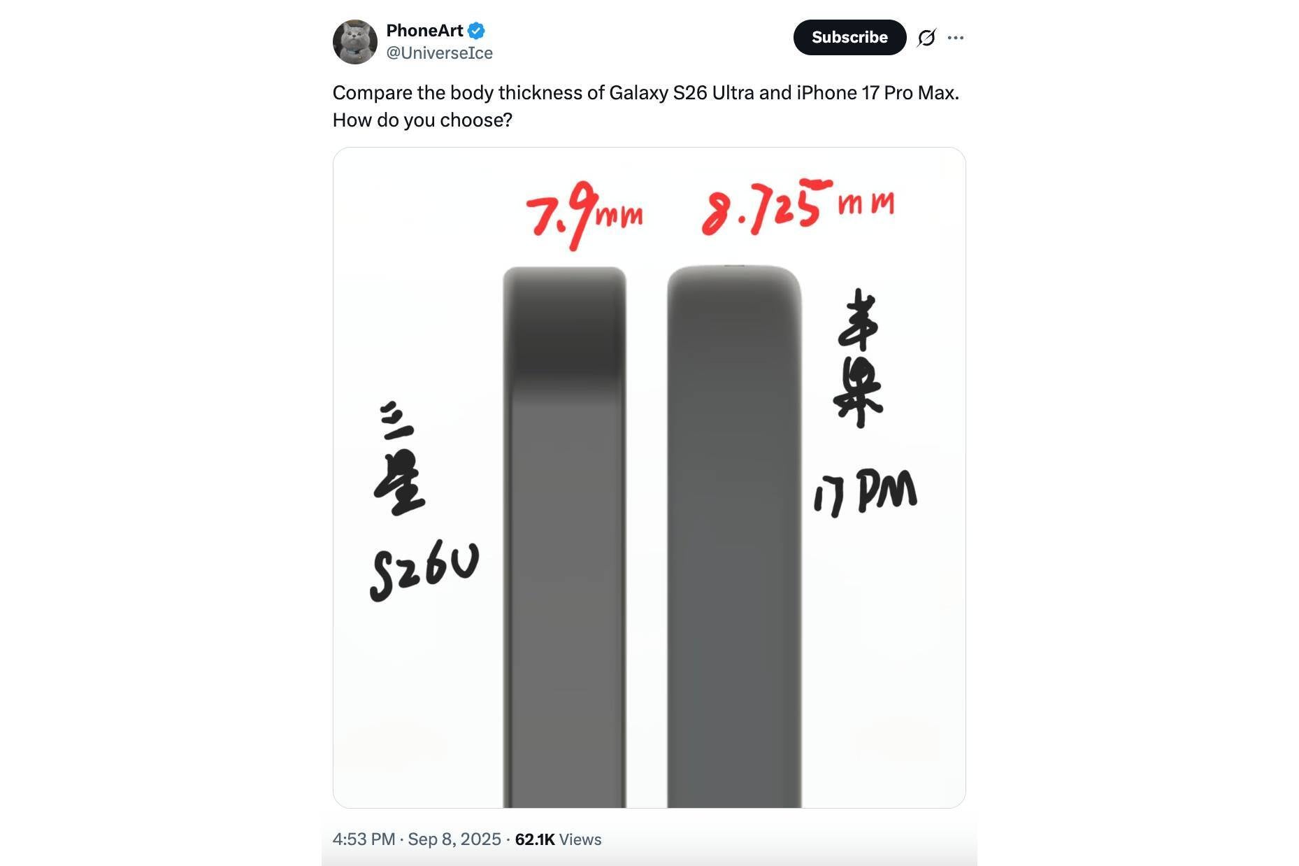 The iPhone 17 Pro Max will be thicker than the Galaxy S26 Ultra. | Image Credit - Ice Universe - iPhone 17 Pro Max may prove that Galaxy S26 Ultra would be better off with the same battery