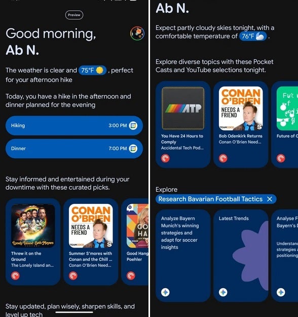 SWcreenshots show morning and evening imagfes of the Daily Hub.