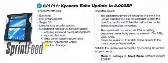 The Sprint Playbook says that the Kyocera Echo will be upgraded to Android 2.3 over a 4 day period starting August 1st - Gingerbread update for Kyocera Echo due August 1st