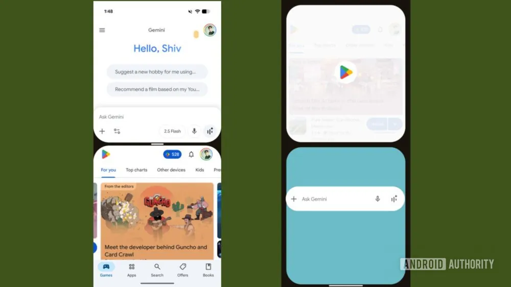 Split-screen mode created by sliding the Gemini bar.