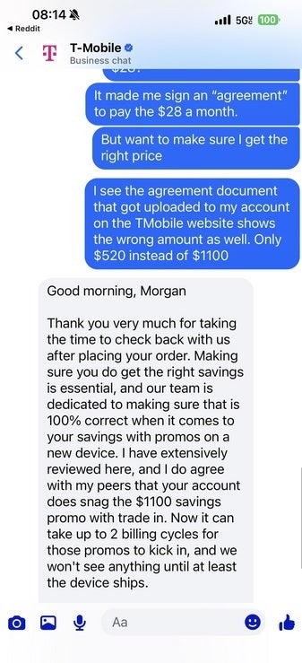Screenshot of message received by T-Force about the value of a subscriber&amp;#039;s trade.