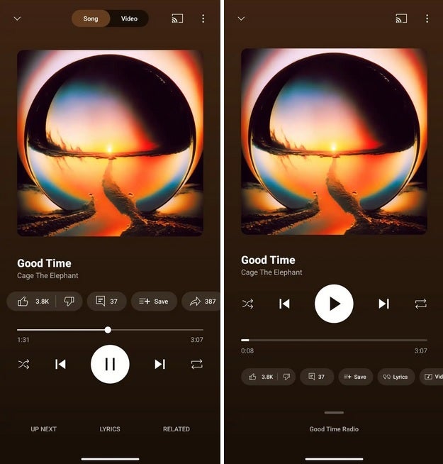 screenshots of the old and new YouTube Music Now Playing UI.