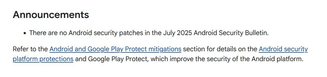 Photo dhowing no security patches for the July Pixel security update.