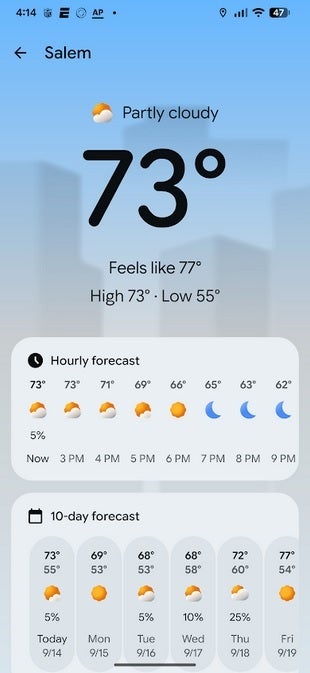 Screenshot shoes Pixel Weather app for Pixel phones.