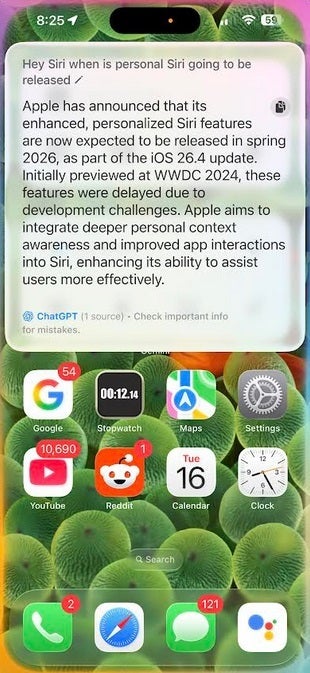 Siri uses ChatGPT to answer a question about the digital assistant. | Image credit-PhoneArena - With iOS 26, Siri can do five things that it couldn&#039;t before