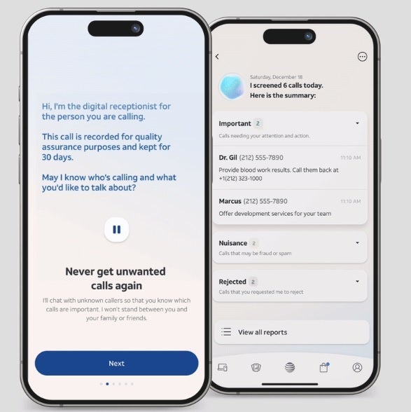 Screenshots show the digital receptionist for AT&amp;amp;T customers.