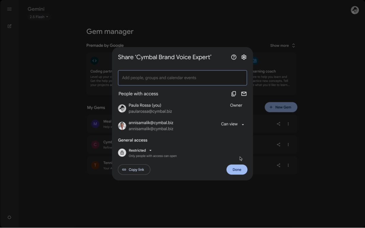 Sharing Gems works just like sharing other files in Google Drive. | Image Credit - Google - Google adds a Gemini feature that will challenge ChatGPT in a very meaningful way