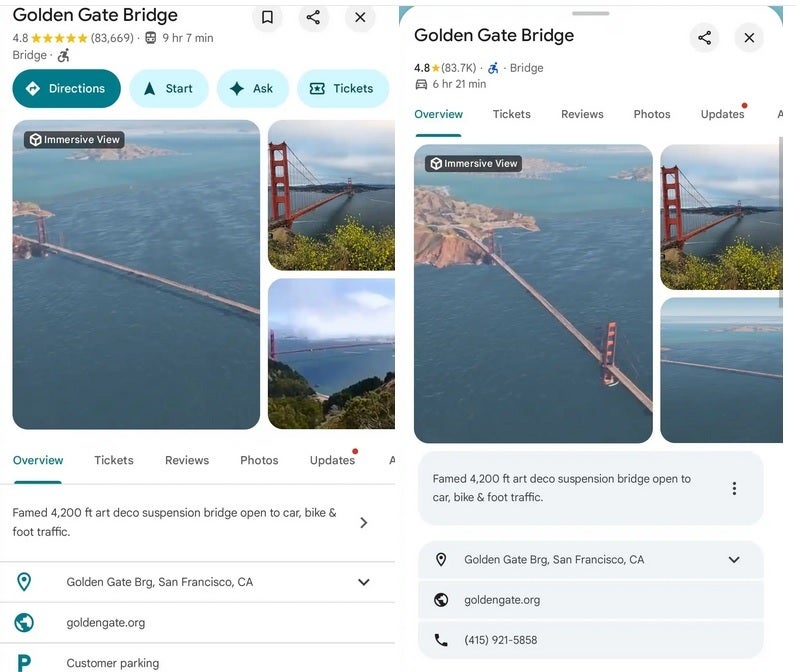 Images compare Google Maps Overview before and after the Material 3 Expressive update.