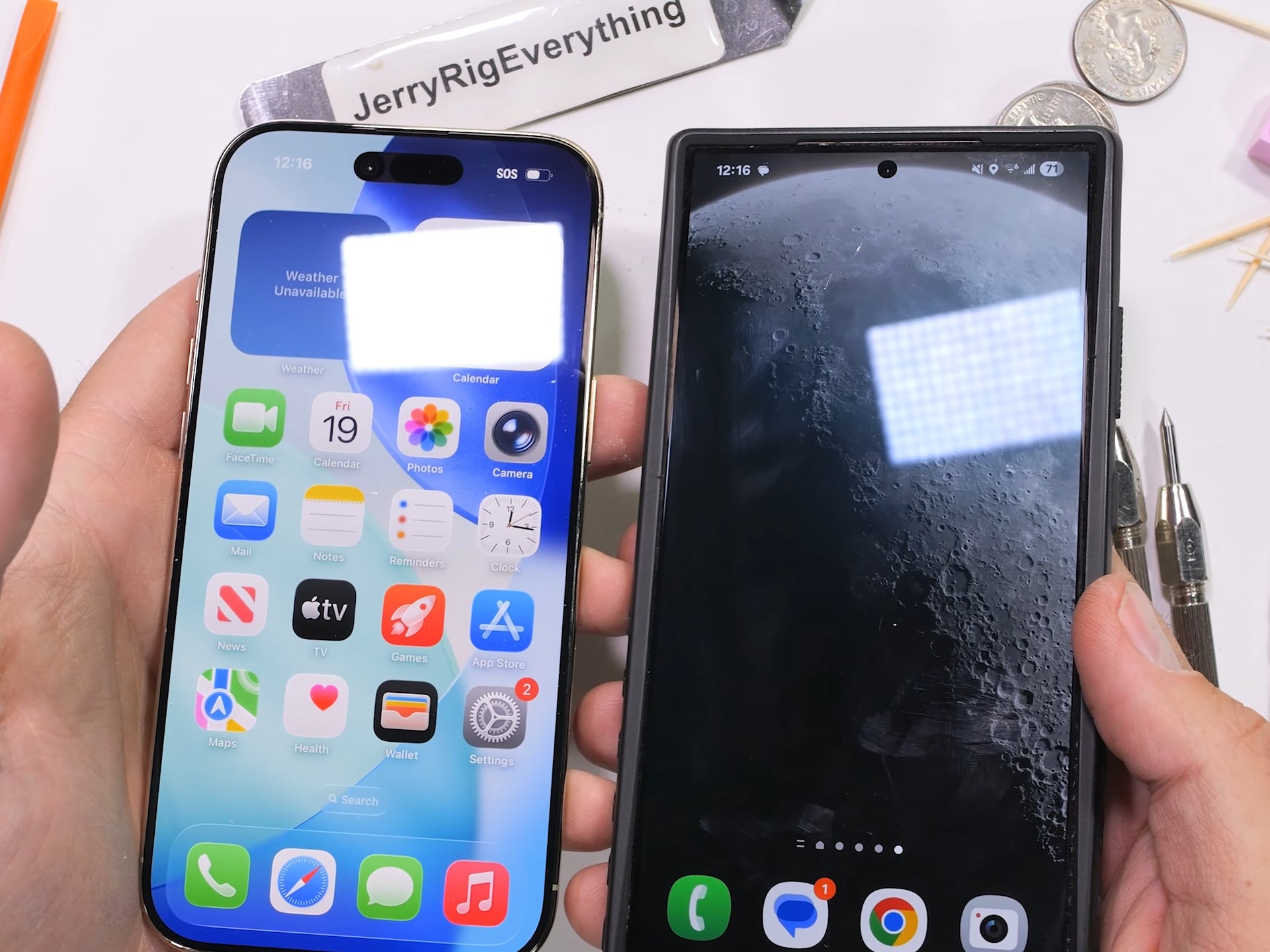 iPhone Air next to Galaxy S24 Ultra. | Image credit — JerryRigEverything - The iPhone 17 screen upgrade everyone’s so happy about pales in comparison to older Galaxy phones