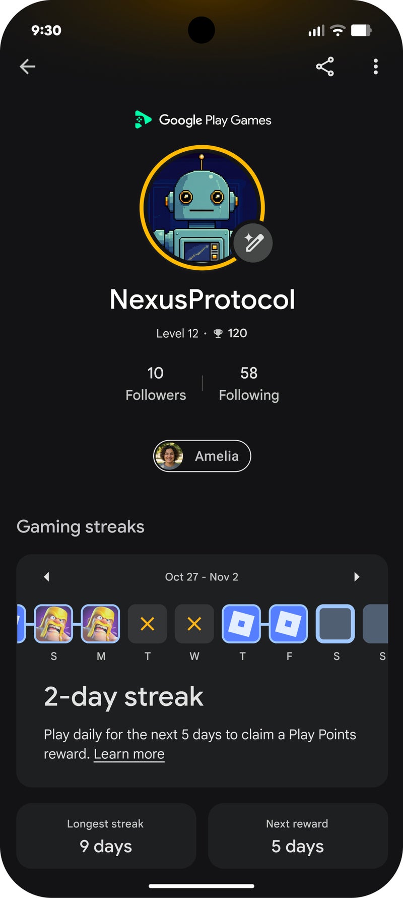 Google Play Store gamer profile