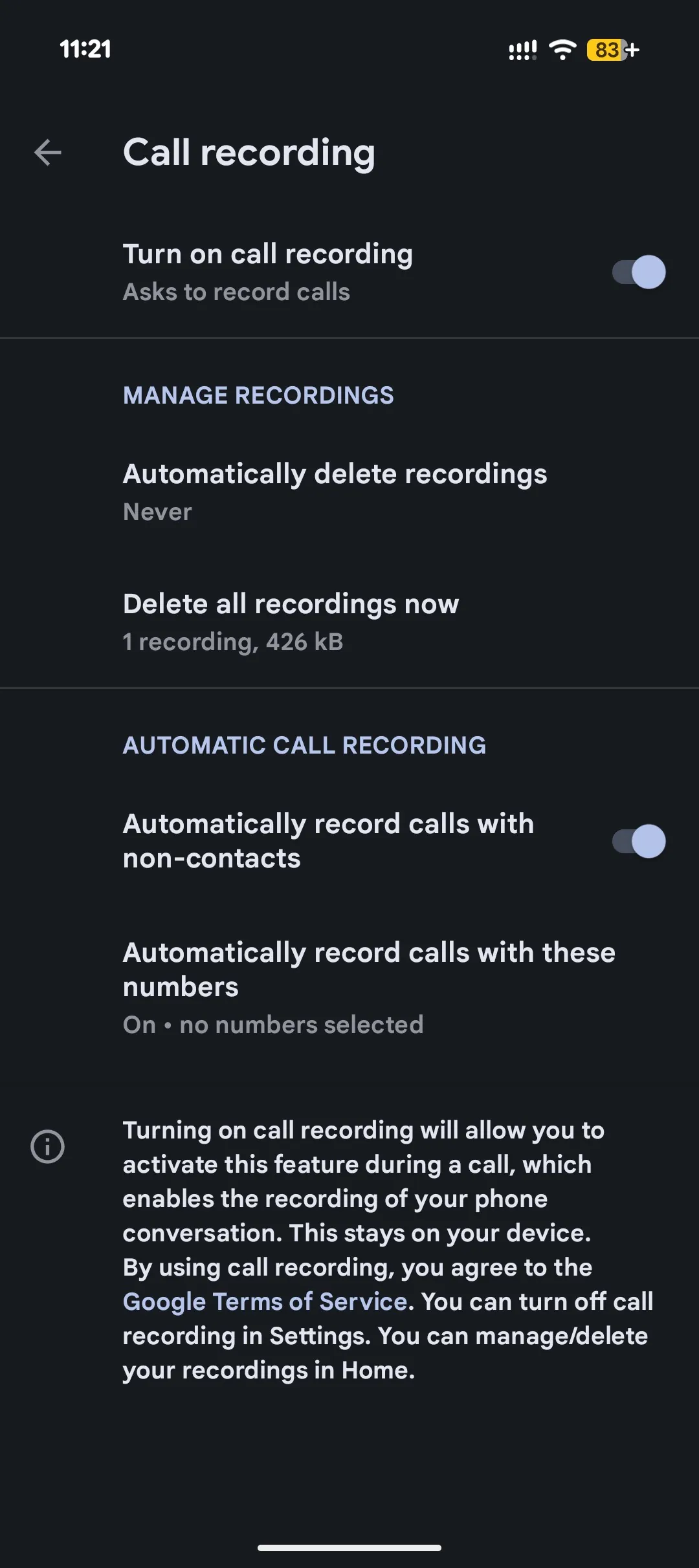 Screenshot shows native Call Recording page for Pixel phones.