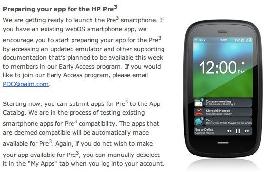 HP says that it is getting ready to launch the Pre 3 - HP says it is &quot;getting ready to launch the Pre 3&quot; and wants developers to submit apps