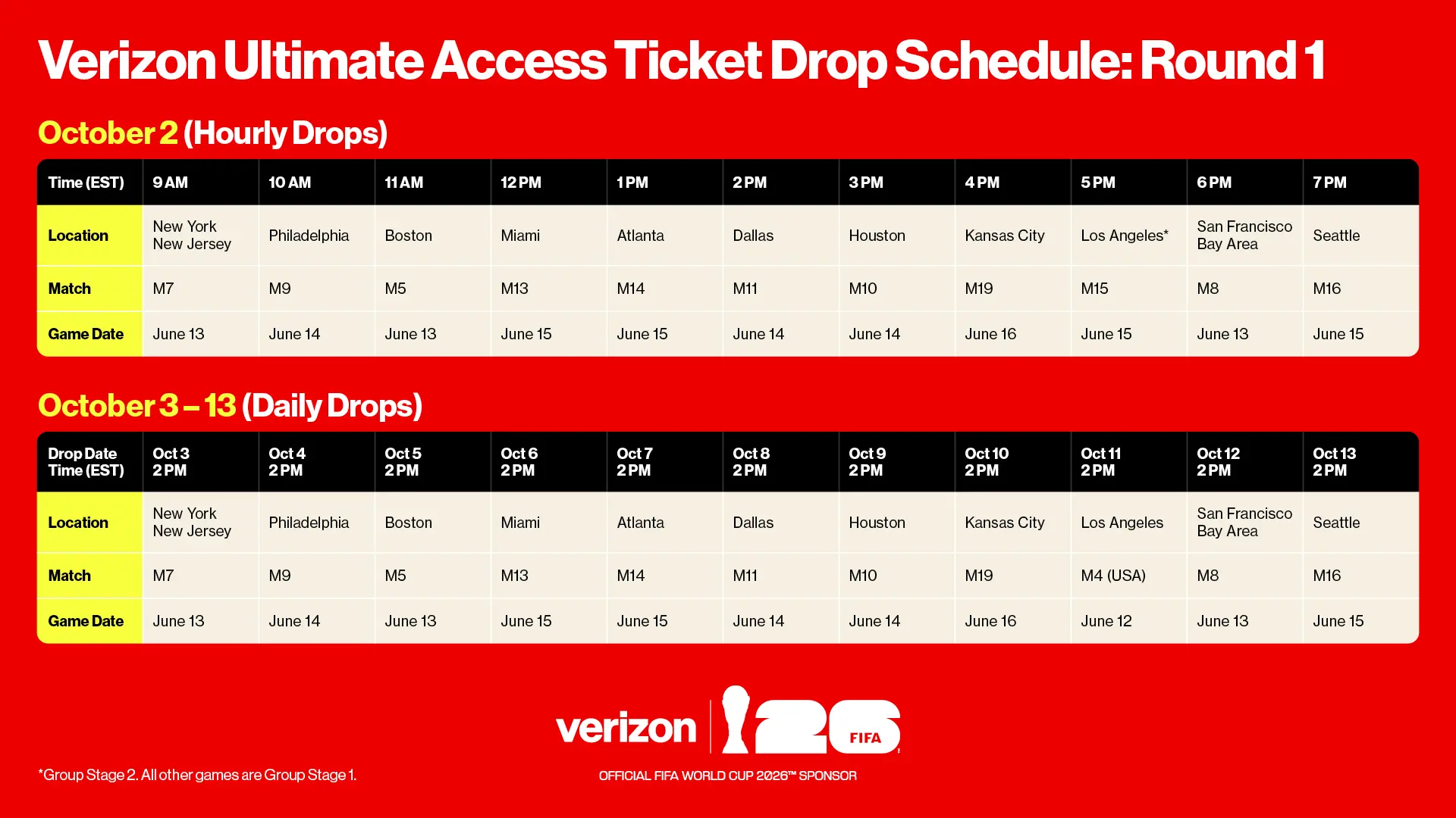 This is the ticket drop schedule. | Image credit – Verizon - Verizon customers have the chance to get something most people can only dream of