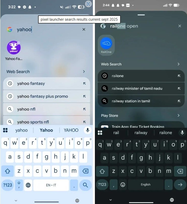 Screenshots show change between old Pixel Launcher app search and new look being tested.