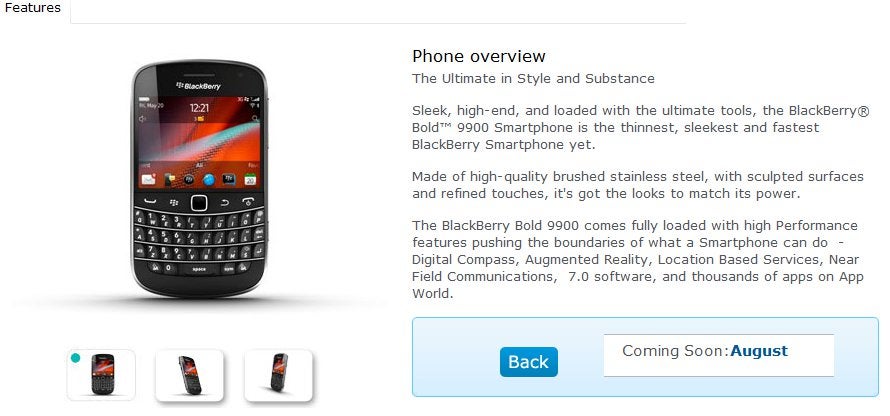 BlackBerry Bold 9900 is featured as &quot;coming soon&quot; to O2 UK