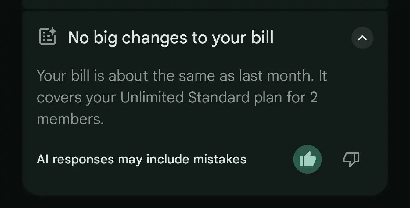 This is how an AI summary looks like. | Image credit – 9to5Google - Google Fi is using AI to explain your bills now (but there&#039;s a warning)