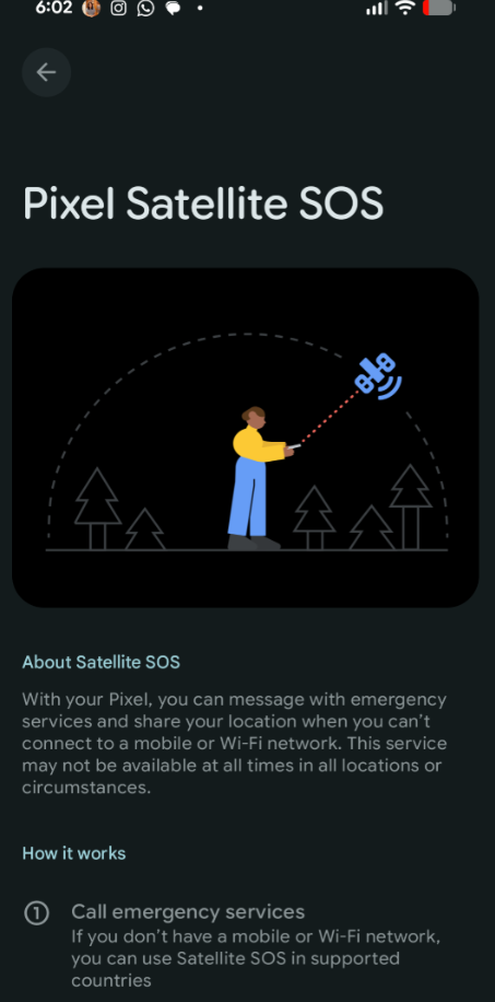 Screenshot of the Pixel Satellite SOS introductory page.