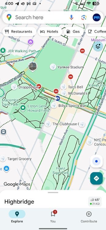 Screenshot showing newly updated buttons on Google Maps for Android.