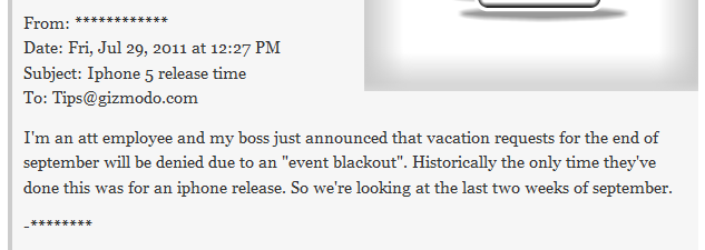 An email from a person claiming to be an AT&amp;T emplyoee says that the carrier will not allow any vacations taken during the last two weeks of September - AT&T's blackout date for employee vacations points to a coming new Apple iPhone launch